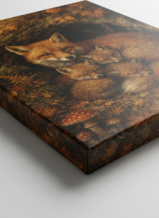 A square canvas wall art print showing a fox family in an autumn forest with mushrooms, photographed at an angle on a light gray background.