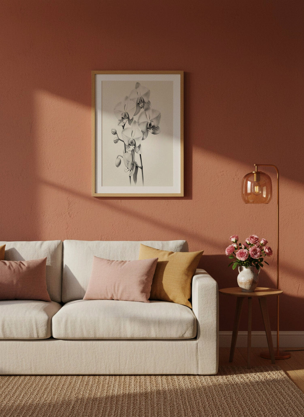 A framed black and white botanical art print hangs on a textured terracotta wall above a cream-colored sofa with pink and mustard pillows, next to a wooden side table with pink flowers and a glass lamp.