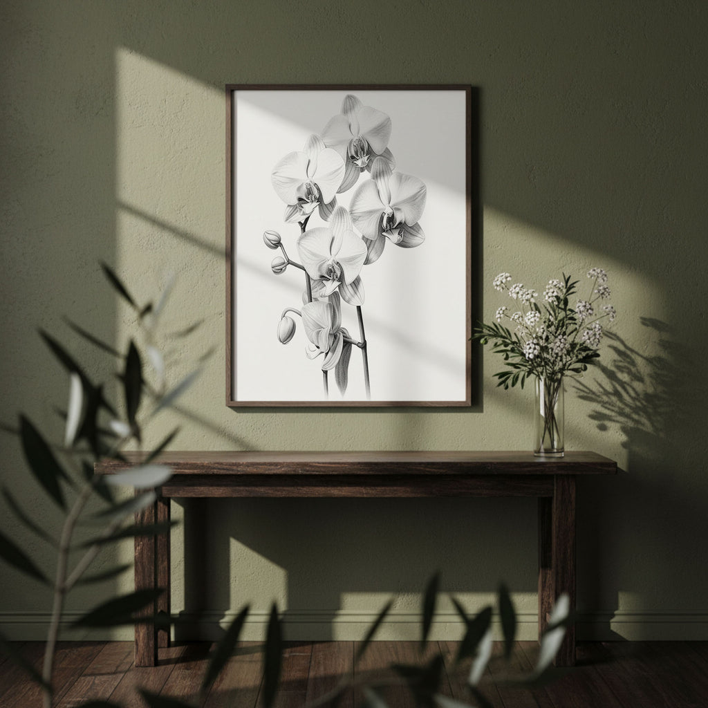 A framed black and white orchid print hangs on a textured olive green wall above a dark wooden console table, styled with a glass vase of white flowers and soft window shadows.
