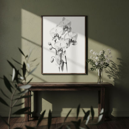 A framed black and white orchid print hangs on a textured olive green wall above a dark wooden console table, styled with a glass vase of white flowers and soft window shadows.