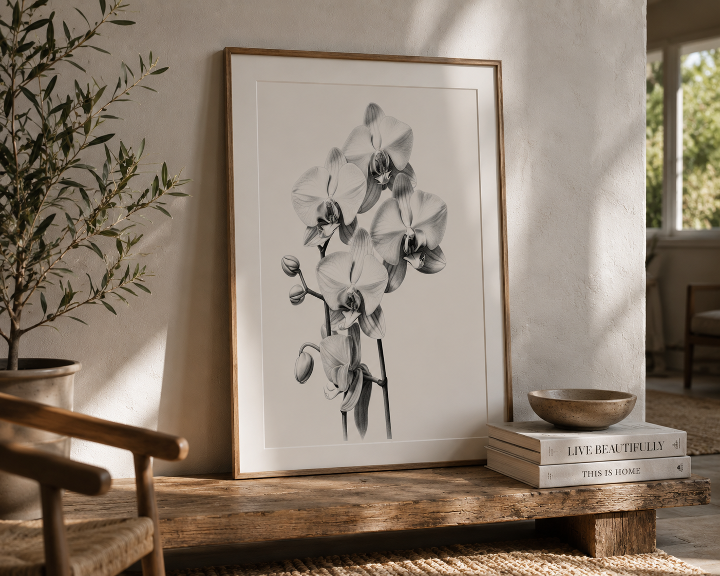 A framed black and white botanical art print of orchids leaning against a textured beige wall on a rustic wooden bench, styled with a book and a bowl in a sunlit room.