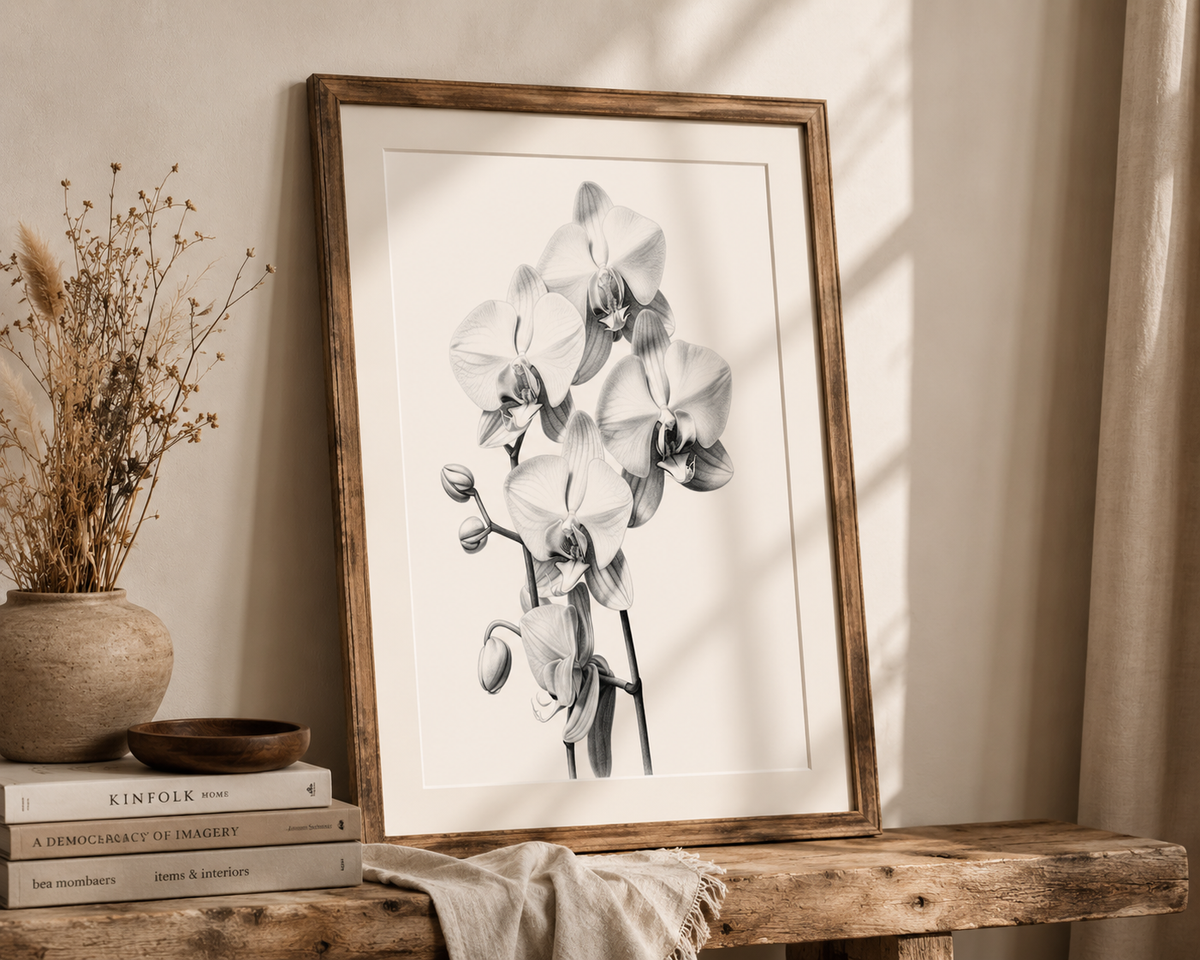 A framed black and white orchid art print leaning on a rustic wooden bench next to a vase of dried grass and a stack of books.