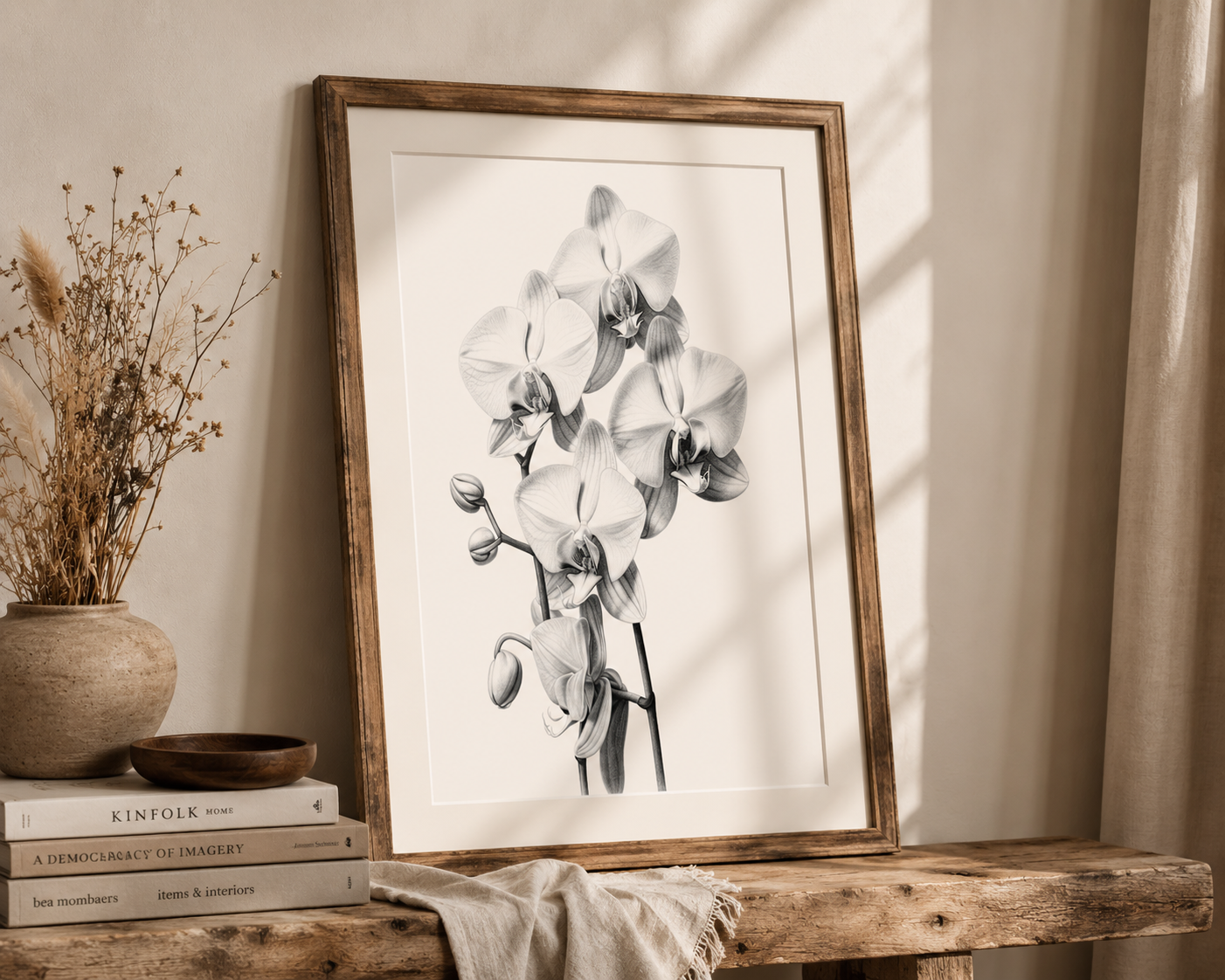A framed black and white orchid art print leaning on a rustic wooden bench next to a vase of dried grass and a stack of books.