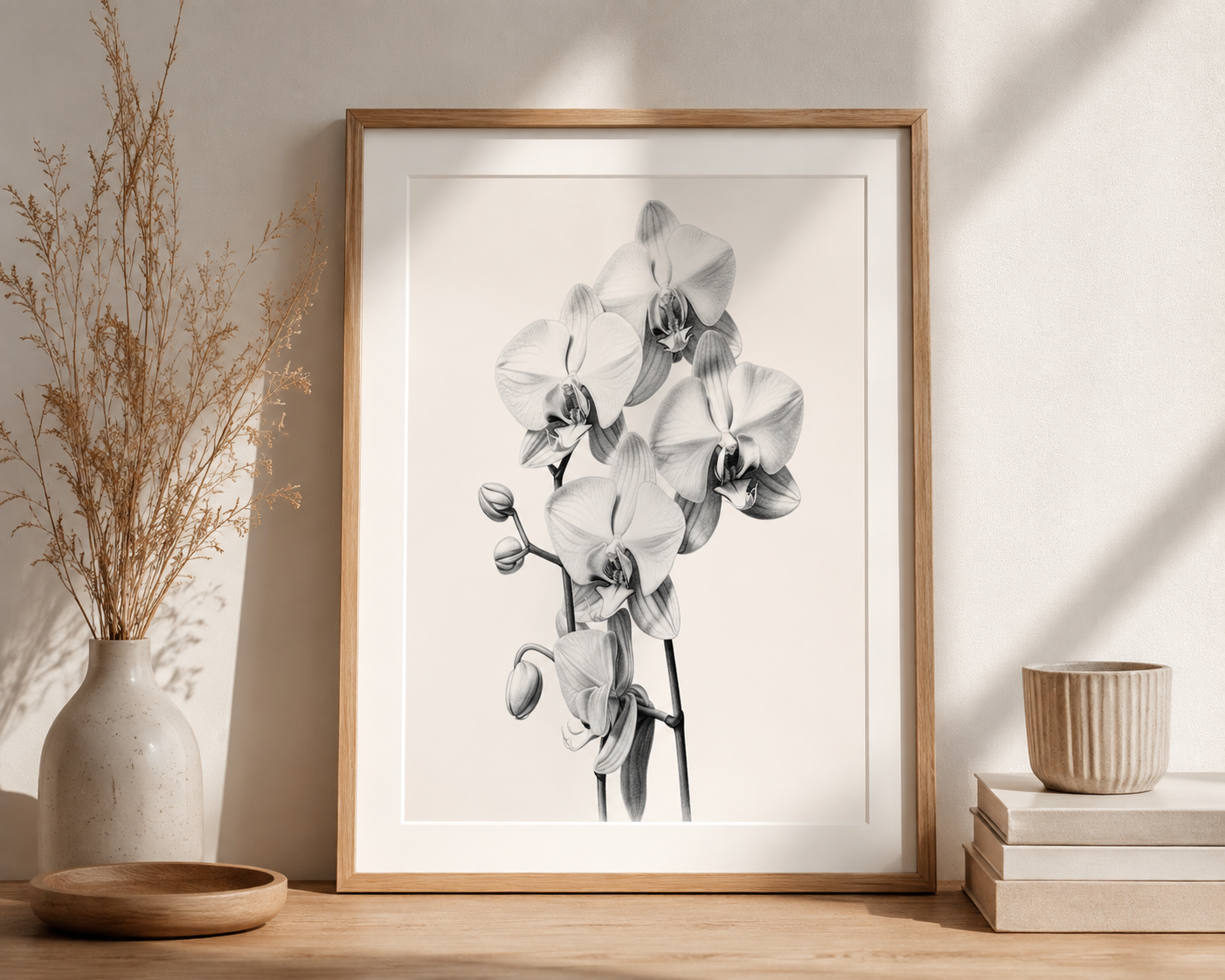 A framed black and white botanical art print of orchids, styled on a wooden tabletop with a ceramic vase, dried grass, and books against a neutral wall.