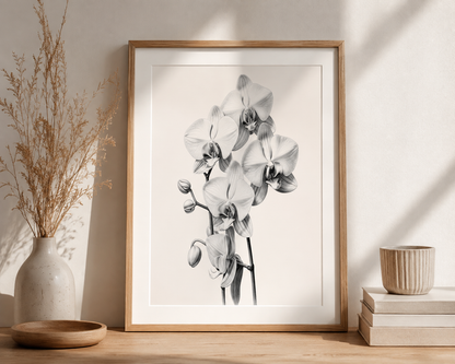 A framed black and white botanical art print of orchids, styled on a wooden tabletop with a ceramic vase, dried grass, and books against a neutral wall.