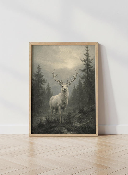 A framed art print depicting a white stag with large antlers standing in a misty pine forest, leaning against a white wall on a light wood herringbone floor.