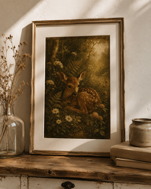 A framed art print featuring a vintage-style illustration of a deer in a forest, styled on a rustic wooden table with dried flowers and books.