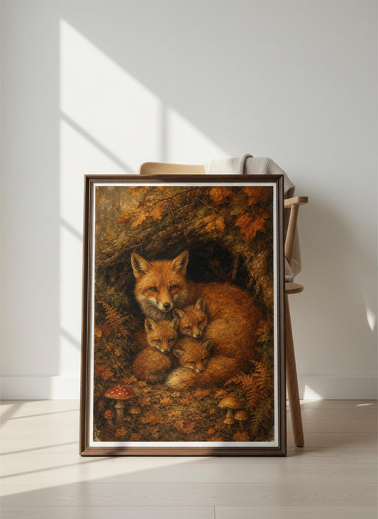 A framed art print depicting a mother fox and her three cubs nestled in a warm forest den, leaning against a light-colored wooden chair in a brightly lit room.