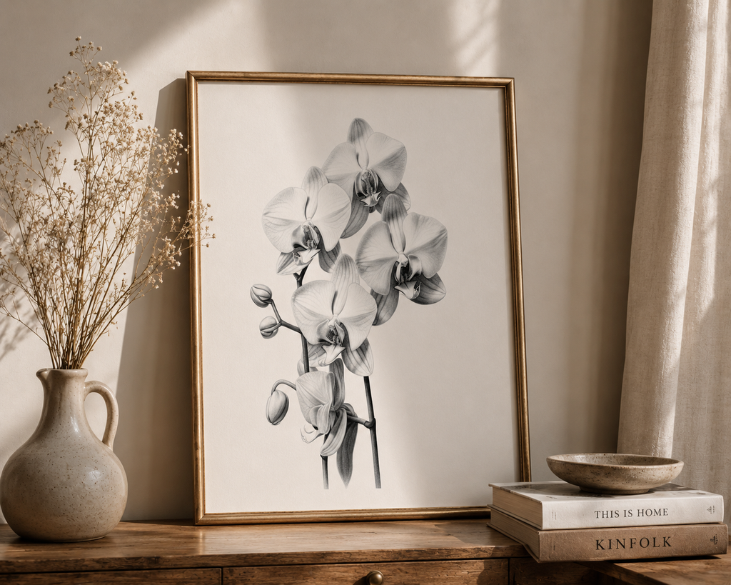 A framed black and white botanical art print of orchids, styled on a wooden console table next to a ceramic vase with dried flowers and a stack of books.
