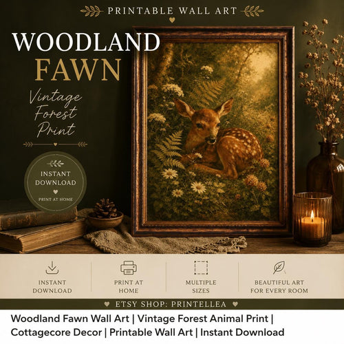 Vintage-style framed wall art featuring a woodland fawn in a forest scene, shown in a styled home decor mockup with books, a candle, and dried flowers. Large text reads 'WOODLAND FAWN' and 'Vintage Forest Print,' with additional sale copy and the Etsy shop name Printellea.